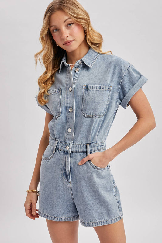 BUTTON DOWN SHORT SLEEVED DENIM ROMPER