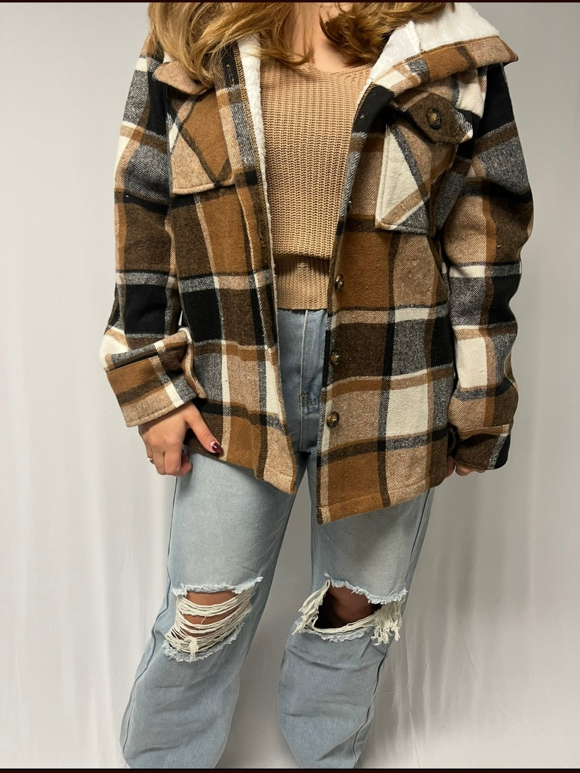 PLAID FLEECE HOODED JACKET