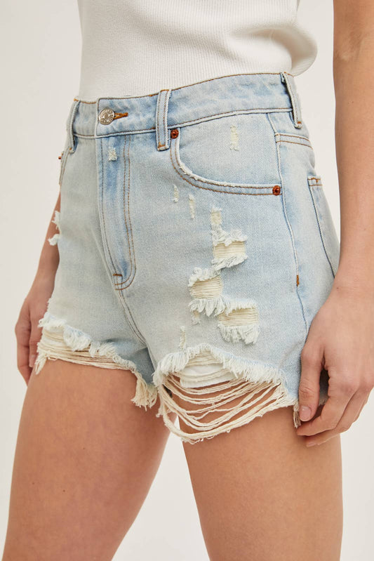HIGH RISE DISTRESSED DENIM SHORTS