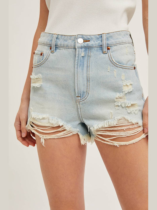 HIGH RISE DISTRESSED DENIM SHORTS