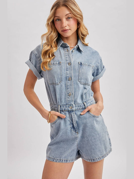BUTTON DOWN SHORT SLEEVED DENIM ROMPER