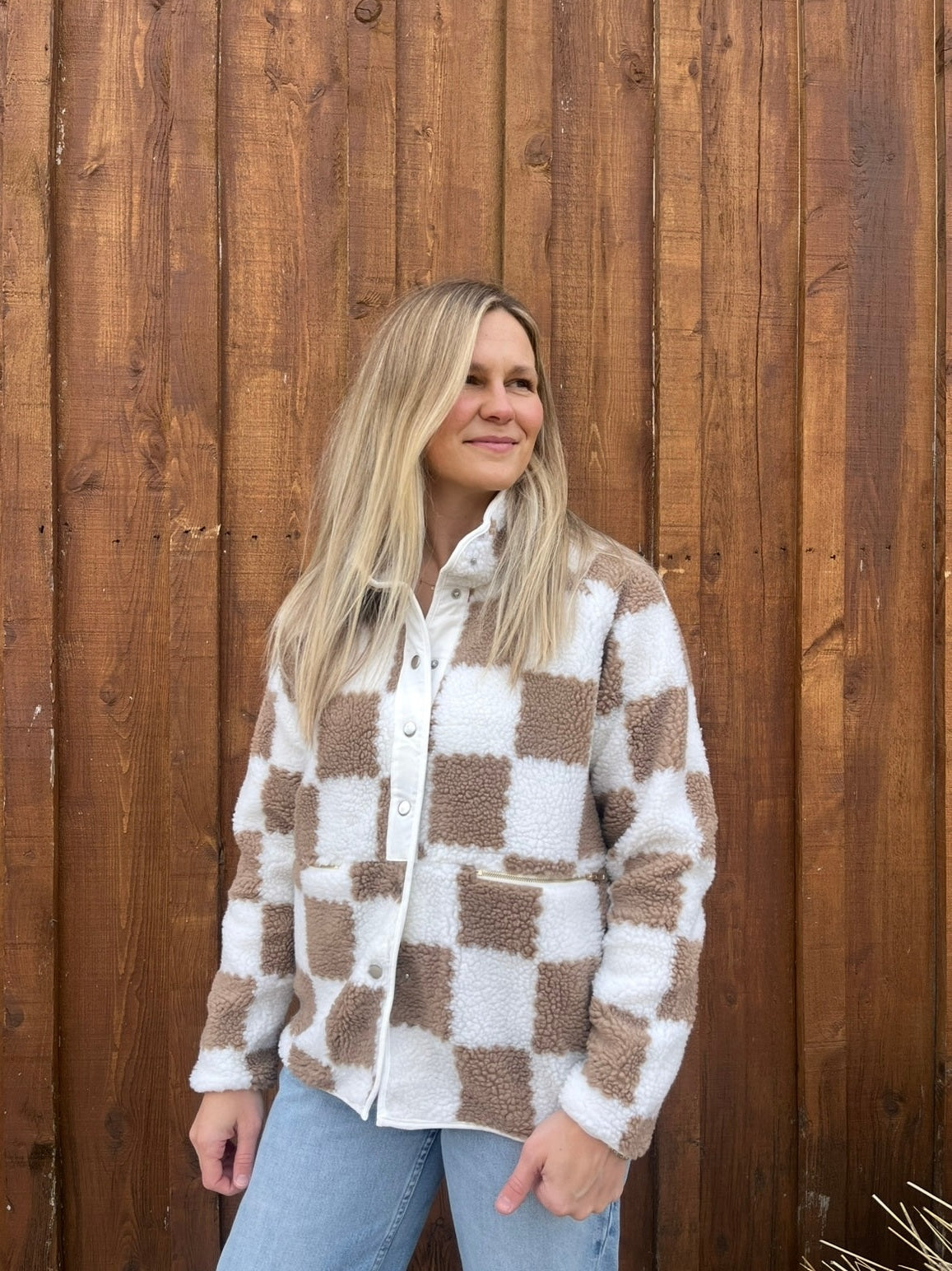 BROWN CHECKERED SHERPA JACKET