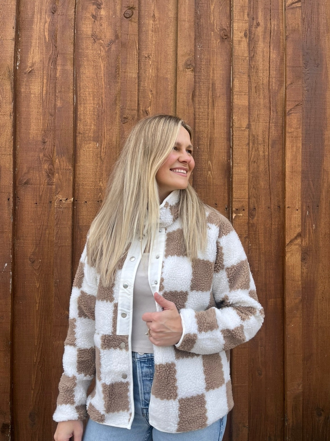 BROWN CHECKERED SHERPA JACKET
