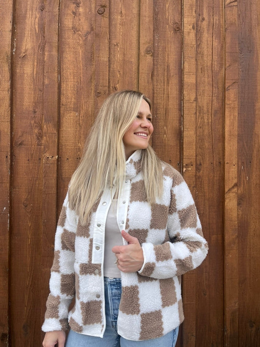 BROWN CHECKERED SHERPA JACKET
