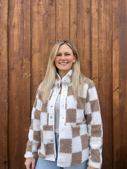 BROWN CHECKERED SHERPA JACKET