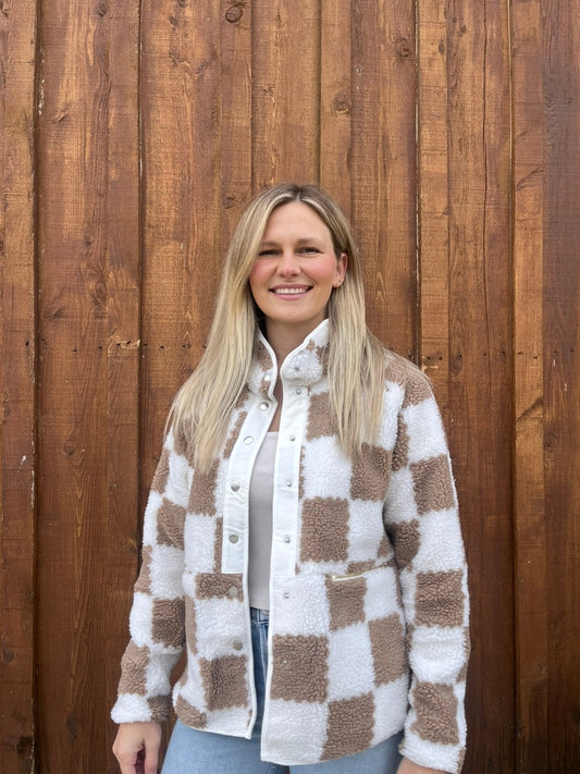 BROWN CHECKERED SHERPA JACKET