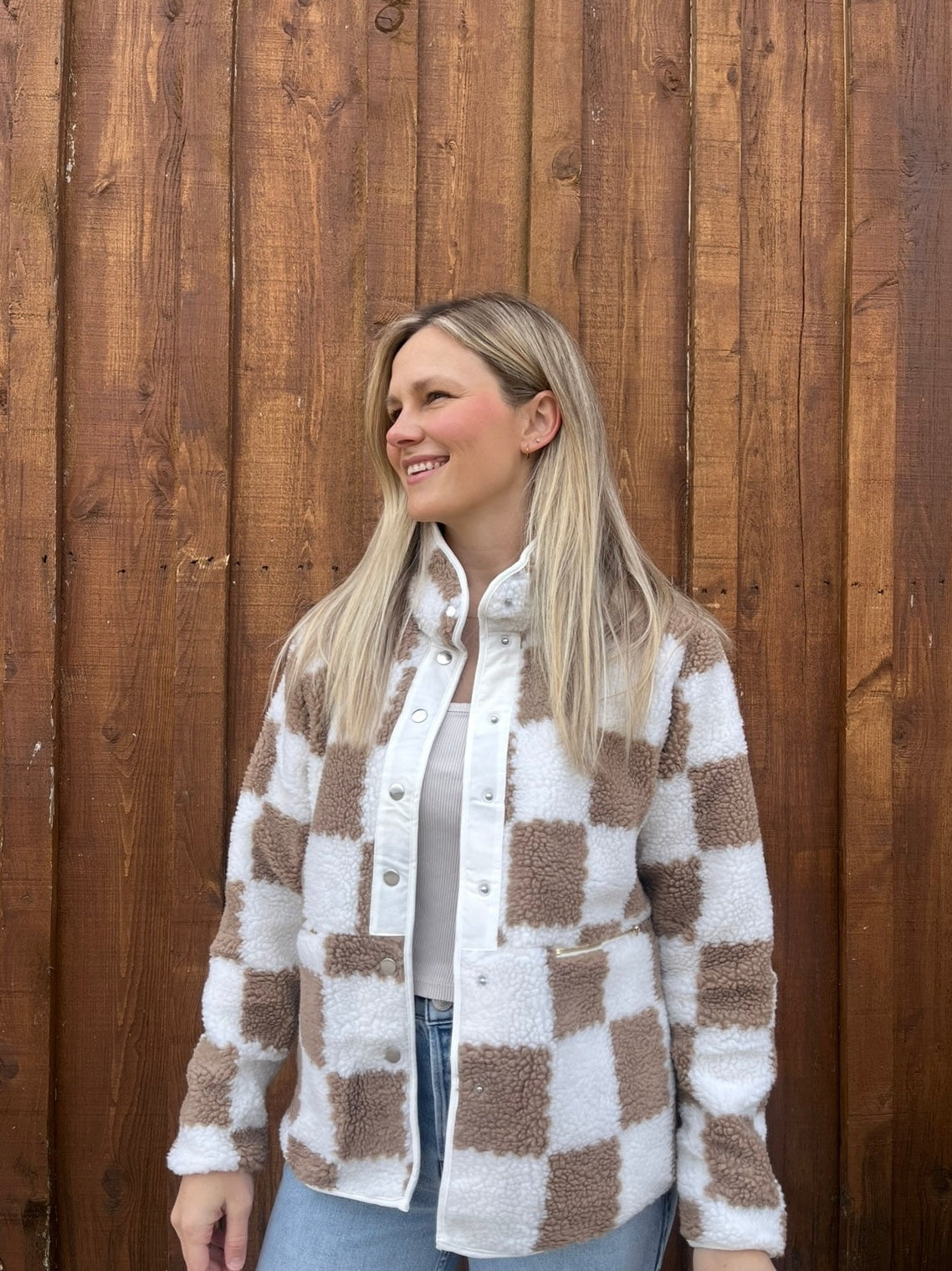 BROWN CHECKERED SHERPA JACKET