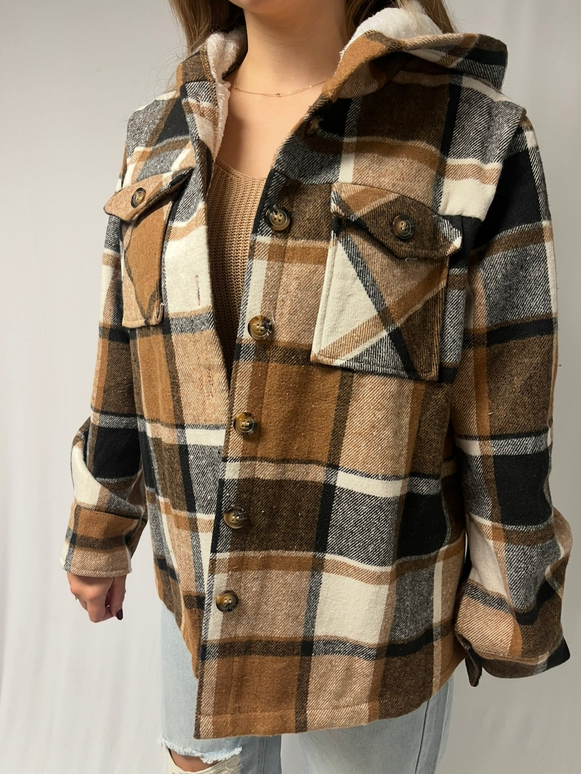 PLAID FLEECE HOODED JACKET