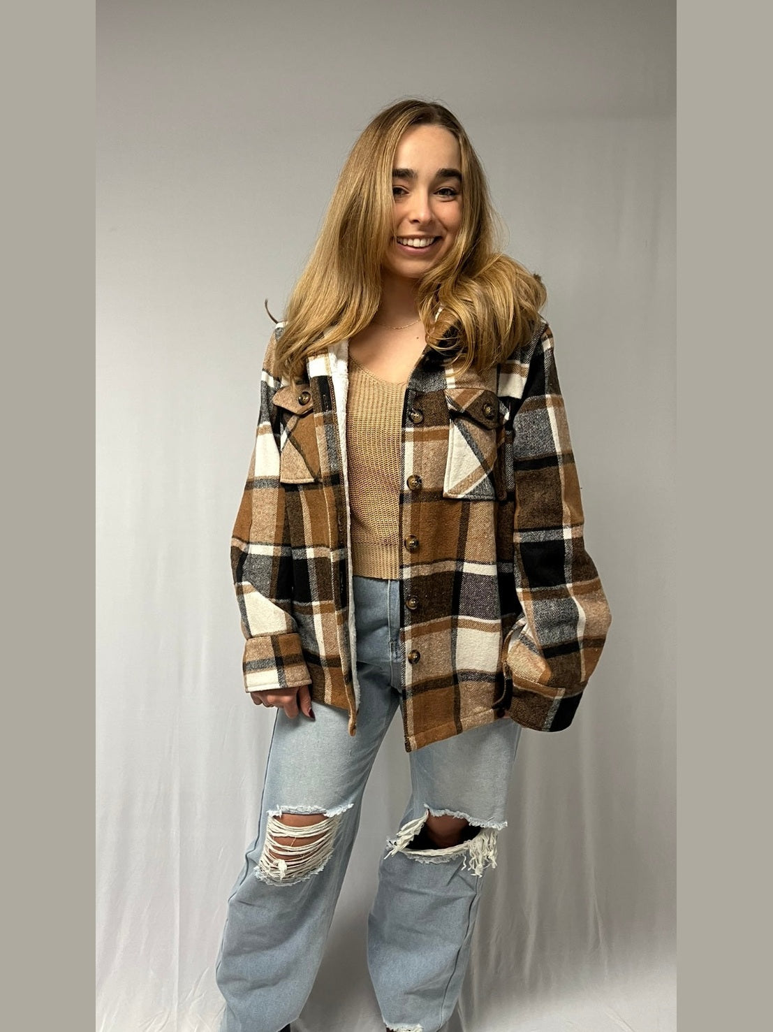 PLAID FLEECE HOODED JACKET