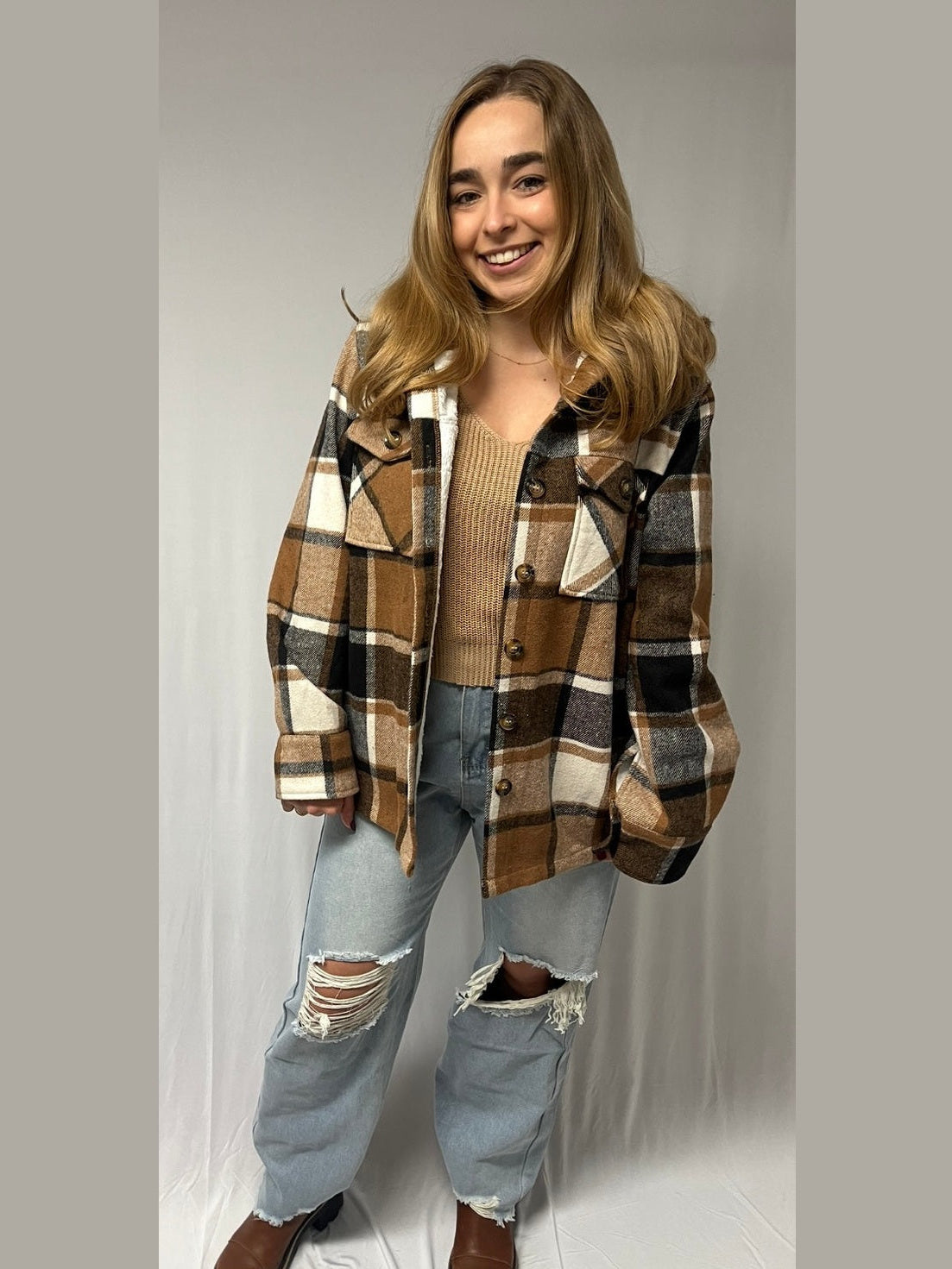 PLAID FLEECE HOODED JACKET