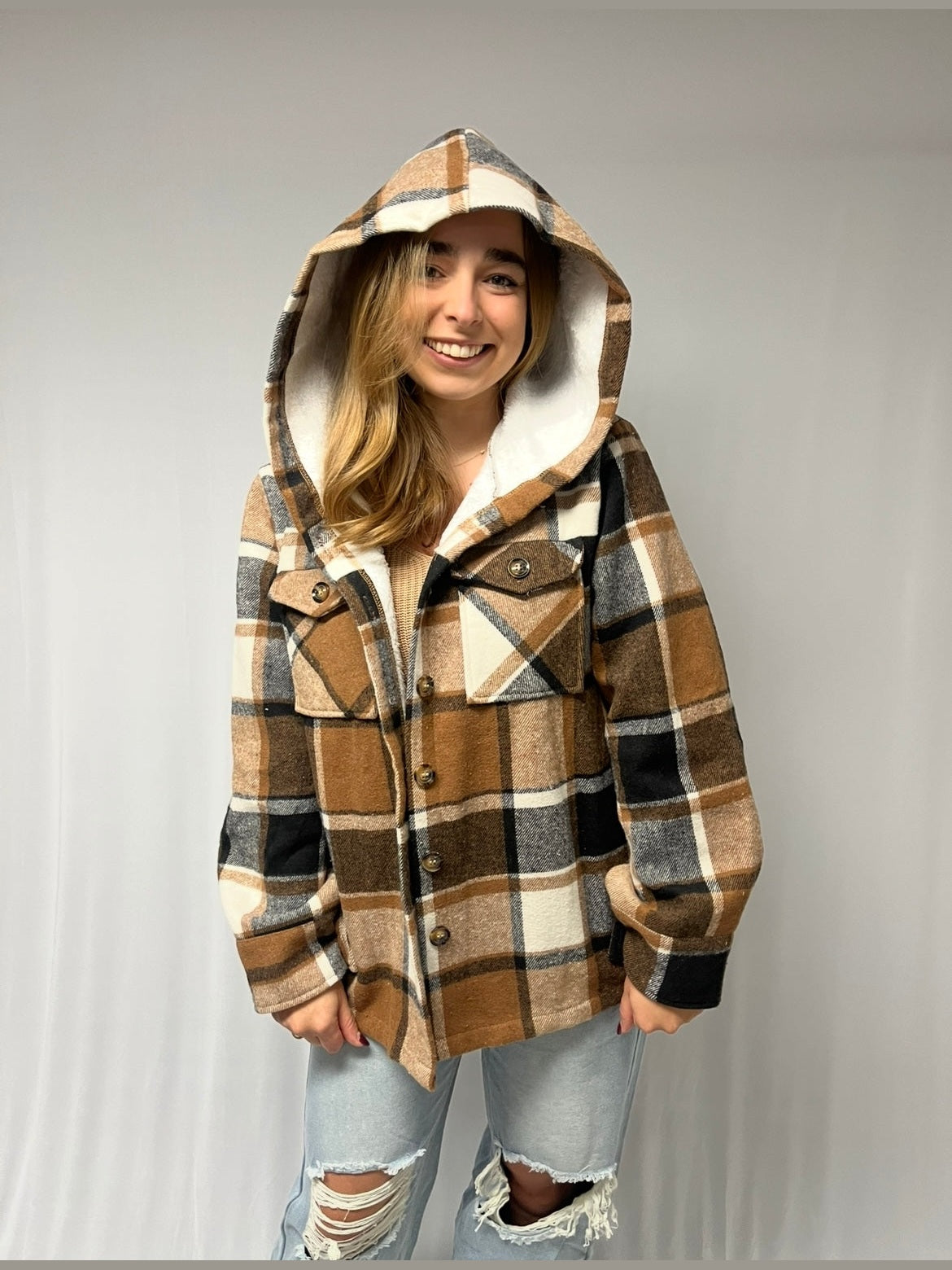 PLAID FLEECE HOODED JACKET