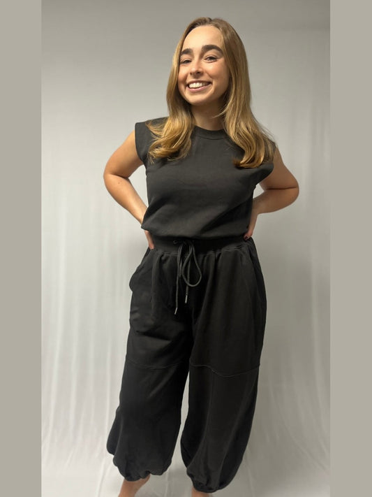 SLEEVELESS DRAWSTRING WAIST JUMPSUIT