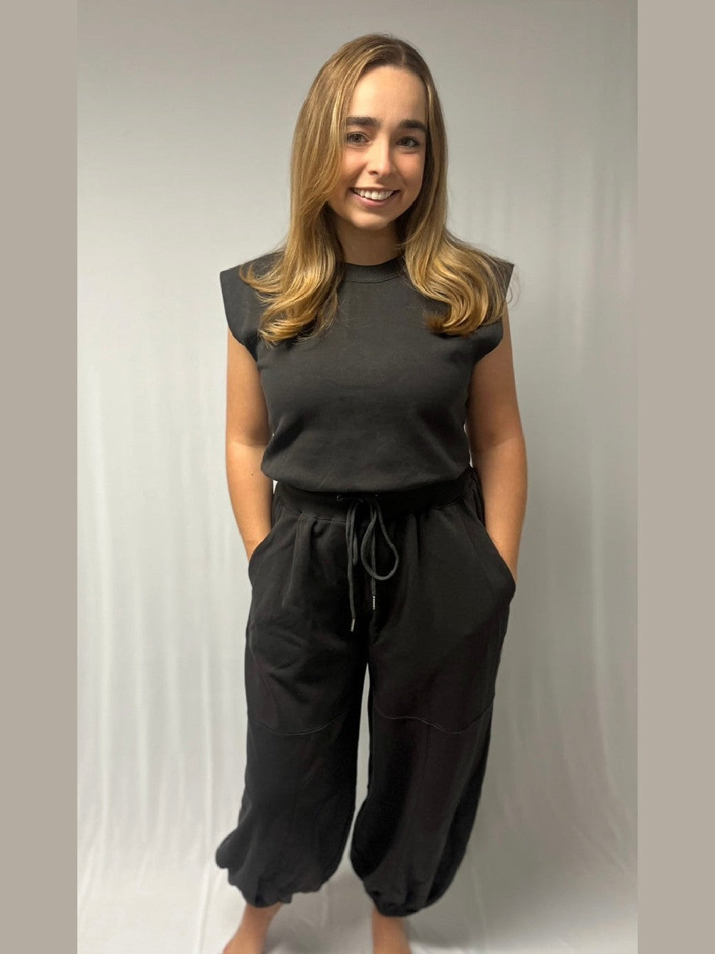 SLEEVELESS DRAWSTRING WAIST JUMPSUIT