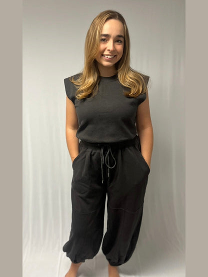 SLEEVELESS DRAWSTRING WAIST JUMPSUIT