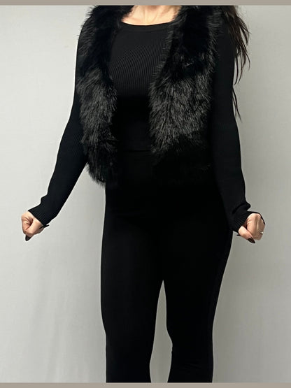 BLACK FAUX FUR OPEN VEST