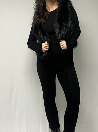 BLACK FAUX FUR OPEN VEST