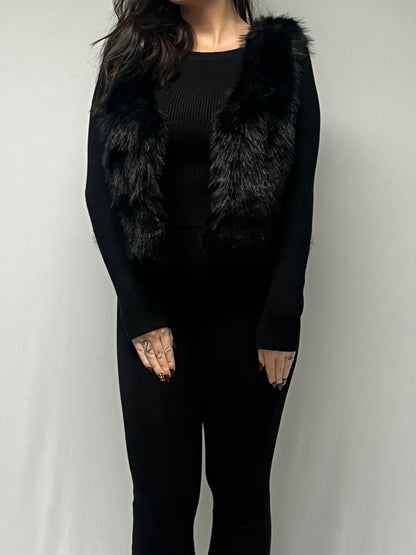 BLACK FAUX FUR OPEN VEST