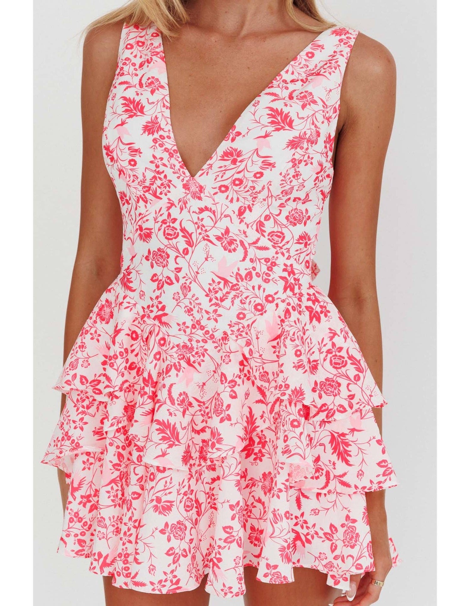 PINK FLORAL TIERED MINI DRESS WITH INNER SHORTS