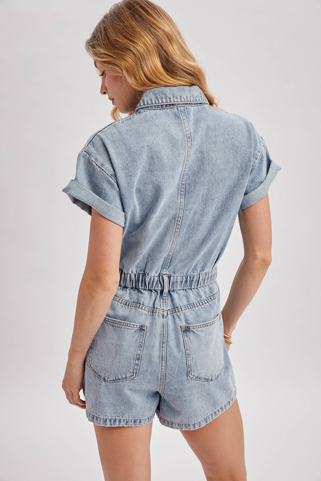 BUTTON DOWN SHORT SLEEVED DENIM ROMPER